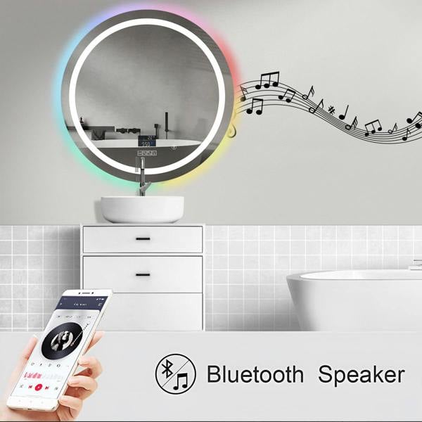 ENER-J Bathroom Mirror with LED Lights, RGB Backlit Mirror with CCT, RGB Borders with Bluetooth Speaker, Round Shape Diameter 70 cms