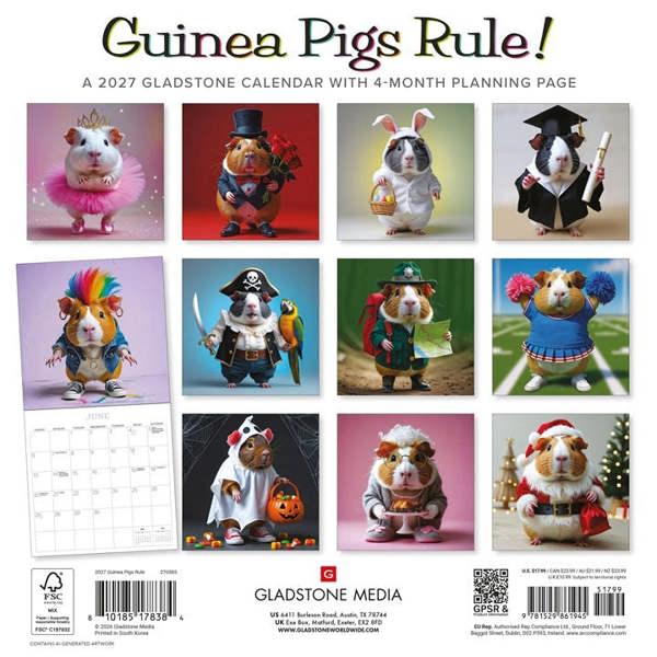 Guinea Pigs Rule Calendar 2027, Wall Calendars, Month To View, Animals, Gift