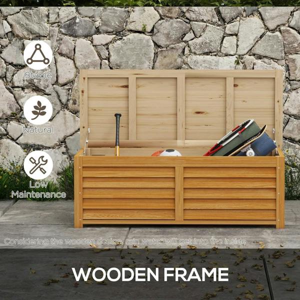 Light brown wooden outdoor storage box with lid open and double front compartments