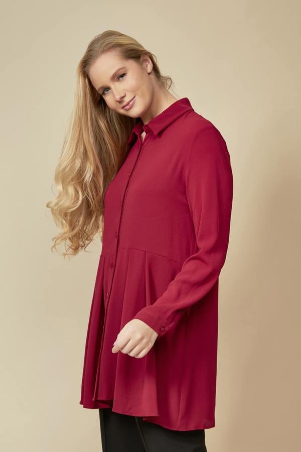 Hoxton Gal Long Sleeves Tie Neck Oversized Shirt in Burgundy