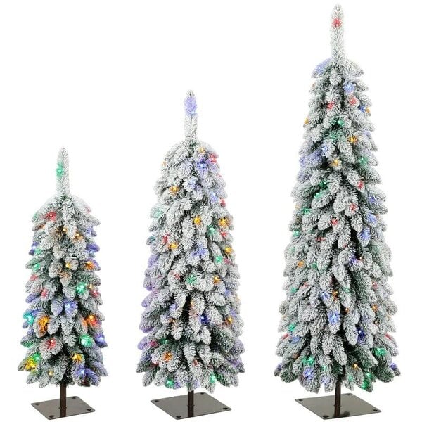 Bobobiy Artificial Christmas Tree Set of 3, Snowy Pre-Lit Christmas Tree with PVC Branch Tips, 90/120/150 cm, Green White