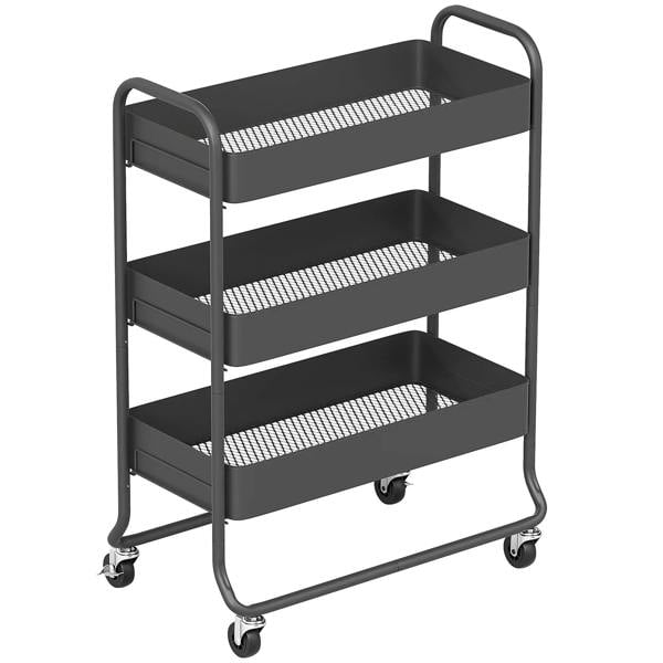 Black 3-tier rolling storage trolley with mesh shelves and four caster wheels.
