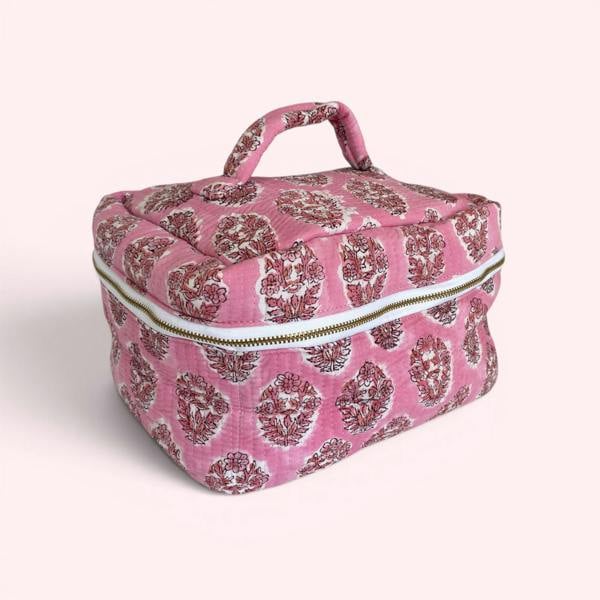 Hayley & Co Vanity Bag - Quilted Cotton Toiletry Bag in Pink Flower Block Print
