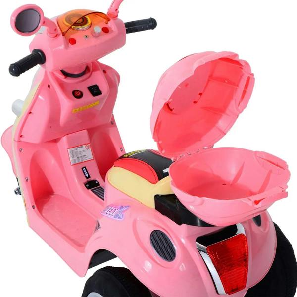 Pink ride-on motorcycle toy close-up of seat, rear storage, and taillight