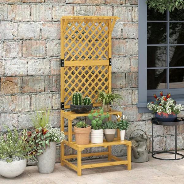 Freestanding wooden plant stand with trellis and 2-tier shelves holding potted plants