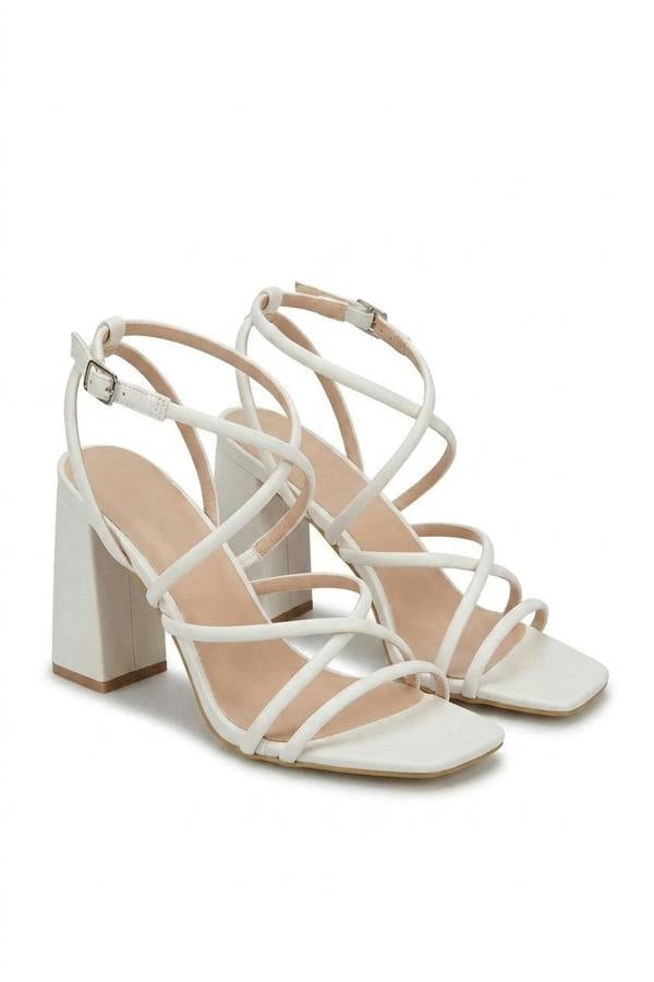 Linda Strappy Buckle Block High Heels - Beige_wb