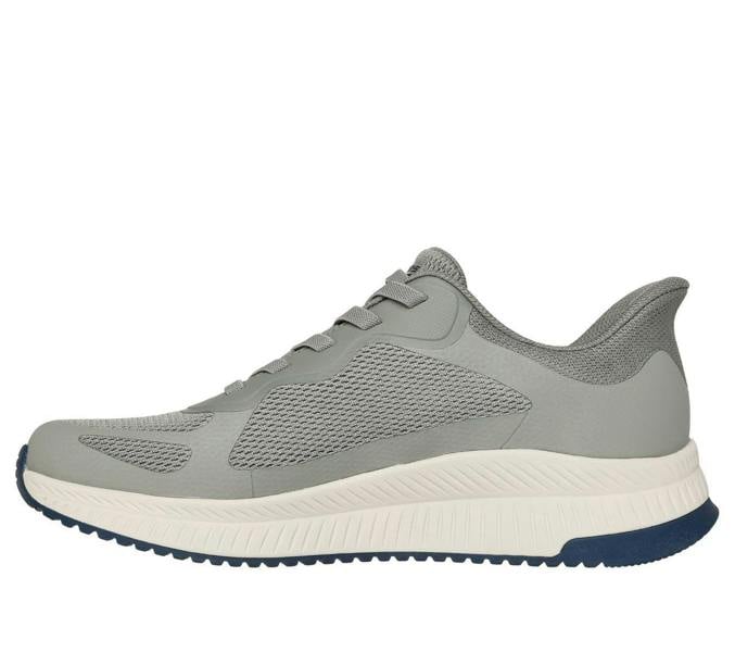 Skechers Bobs Squad 4 Chaos Mens Slip-Ins Casual Trainers, lightweight gray sneaker with mesh panels and cushioned sole for comfort and style.
