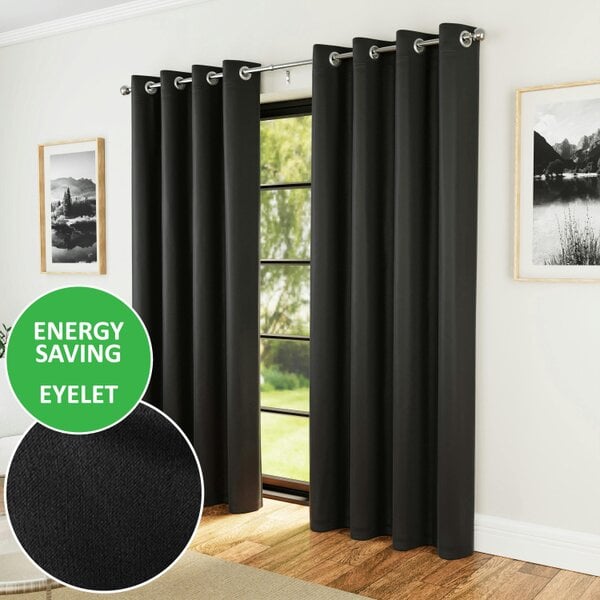 Enhanced Living Nightfall  Plain Supersoft Thermal Room Darkening Eyelet Curtain - Pair for Living Room & Bedrooms - Black