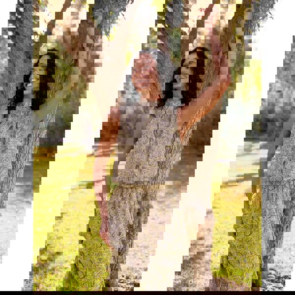 Blue Vanilla Paisley Print Rhinestone High Neck Midi Dress