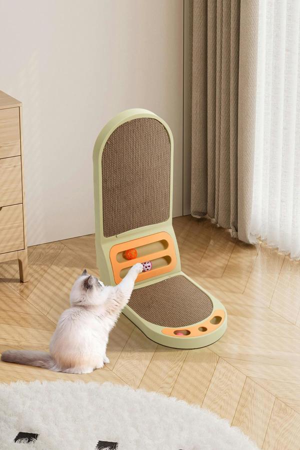 L-Shaped Cat Scratcher with Bell Ball Toys