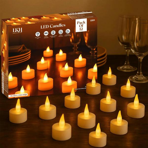 LKH HOME COLLECTION LED Tea Lights Candles – Pack of 12 Battery Operated Tea Light Votive Candles – Flameless Warm White LED Candle