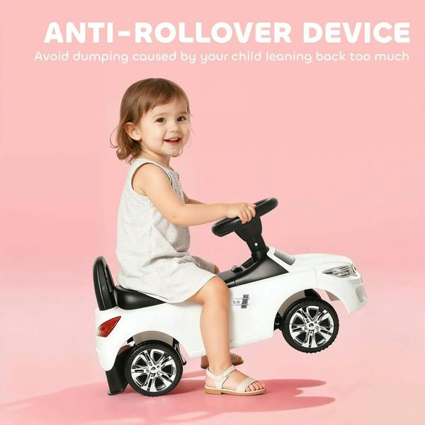 White ride-on toddler car with black guard panels, footrest, and chrome wheels