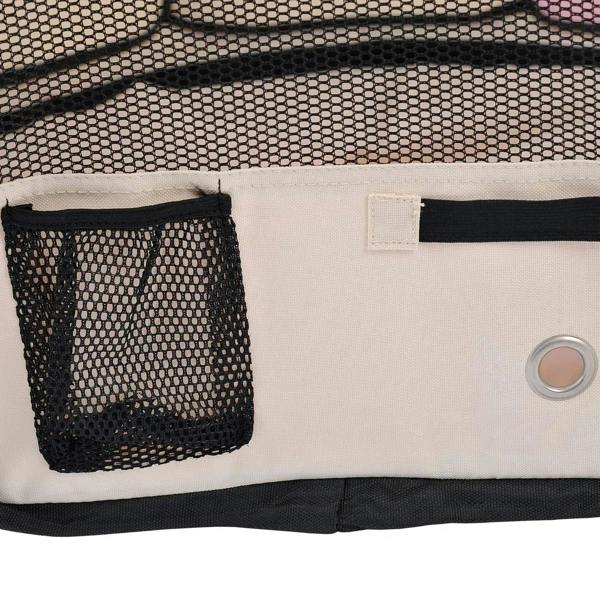 Pink pet playpen side storage pocket and mesh pouch with round grommet close-up