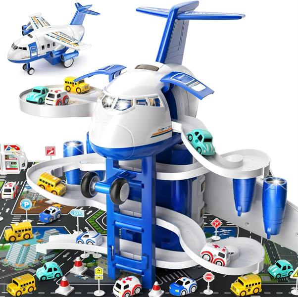 Dyzi Kids Aeroplane Race Track Toy with 8 Cars Sounds Lights and Play Mat
