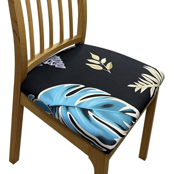 Anyseat Chair Cover Black Light Blue Big Leaf Print Stretch Seat Cover for Home Dinning Kitchen Washable Removable