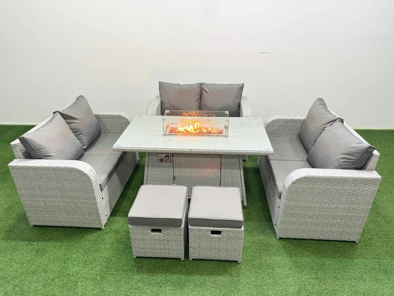 Fimous 8 Seater PE Wicker Rattan Furniture Sofa Sets with Fire Pit Dining Table 2 Seater Love Sofa 2 Stool Light Grey