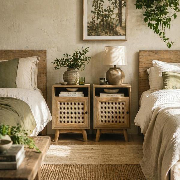 Wyld Haus Fiha Set Of 2 Natural Wooden Bedside Tables With Rattan Door And Top Shelf