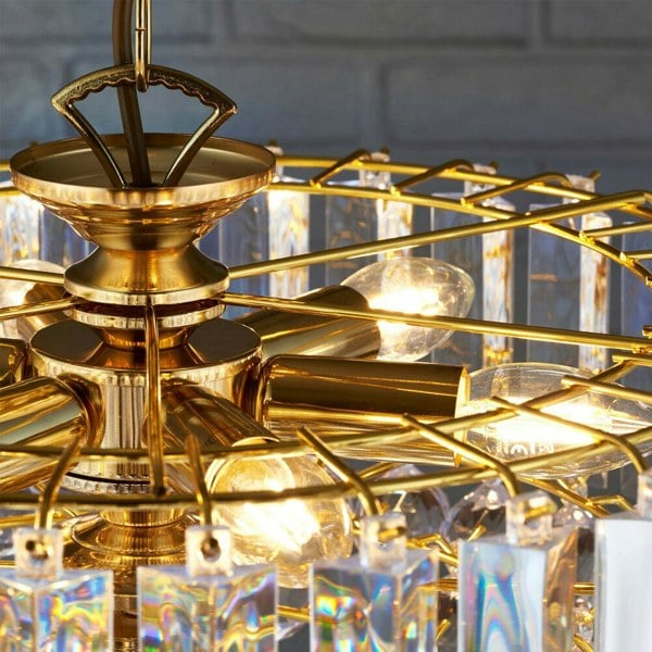 6 Light Chandelier Pendant BRASS & CLEAR Shade Hanging Ceiling Feature Lamp Bulb Loops