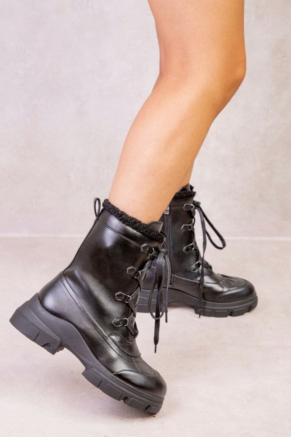 Where's That From Gilliane Chunky Lace Up Ankle Boot With Faux Fur Trim Lining in Black