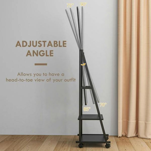 Black rolling dressing mirror with adjustable angle stand on four caster wheels