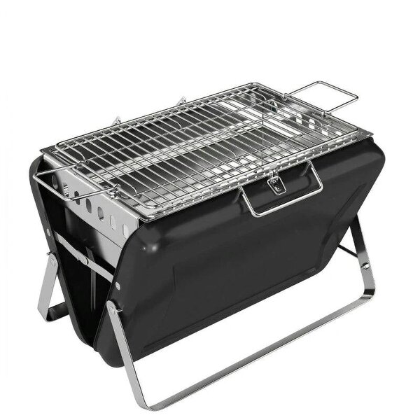 Charcoal BBQ Grill Portable Stainless Steel Barbecue with Tilting Grate for Camping Picnic Garden Black