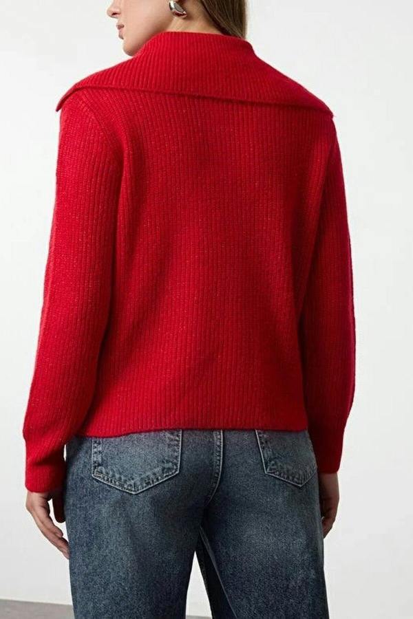 WOVCOR Oversize Polo Collar Knit Sweater with  Zipper Detail