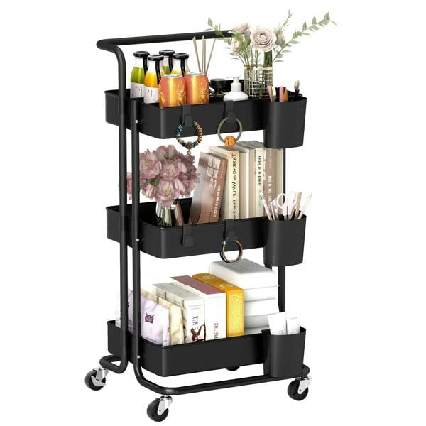 Three-tier black home storage trolley with handle, three shelves, and four caster wheels