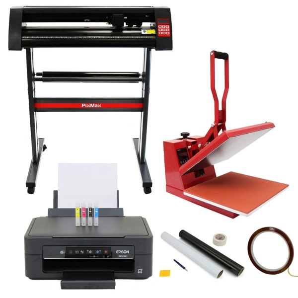 38cm clam press, 720mm vinyl cutter, Epson printer, and weeding kit arranged together, showcasing red and black equipment with various tools and materials