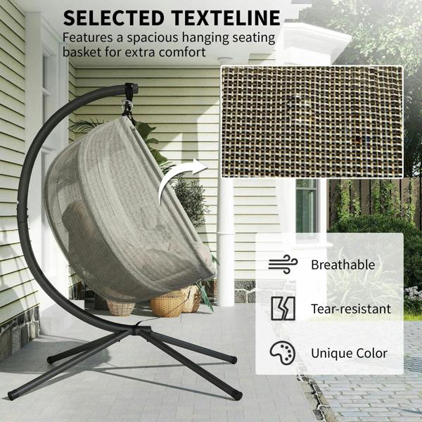 Hanging egg chair pod with grey mesh and black circular frame on folding stand.