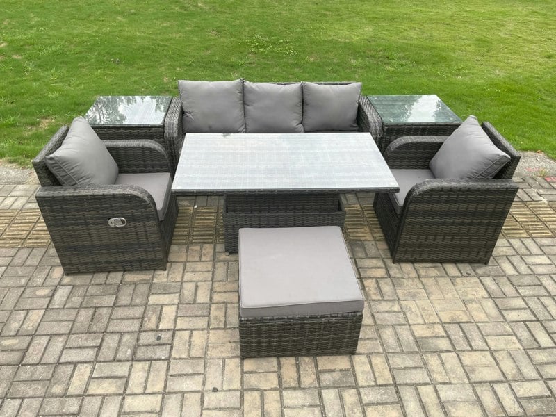 Fimous Wicker PE Rattan Outdoor Garden Furniture Set Height Adjustable Rising lifting Dining Table With Armchair 2 Side Tables Footstool