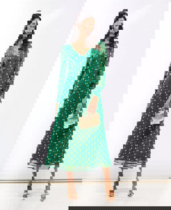 Needs No Label Green Foil Long Sleeve Plunge Midaxi Dress