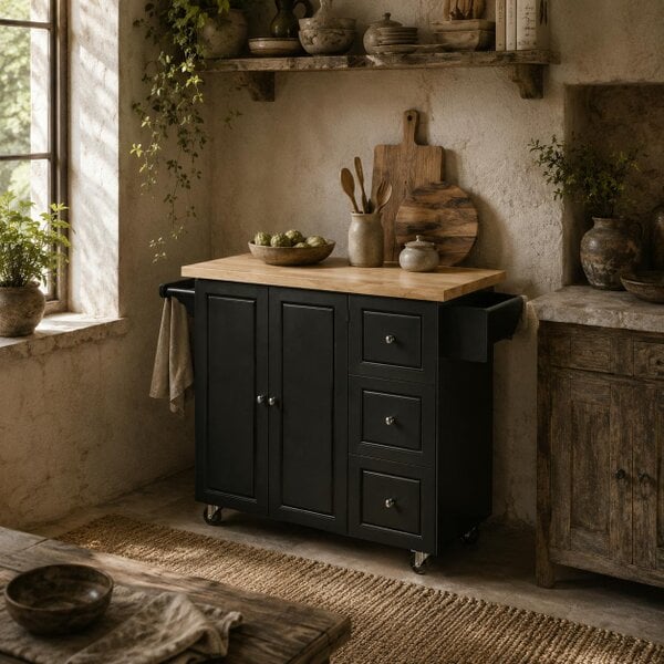 Wyld Haus Rolelo Wooden Black Rolling Kitchen Island With Drop Leaf Drawer Towel And Spice Racks