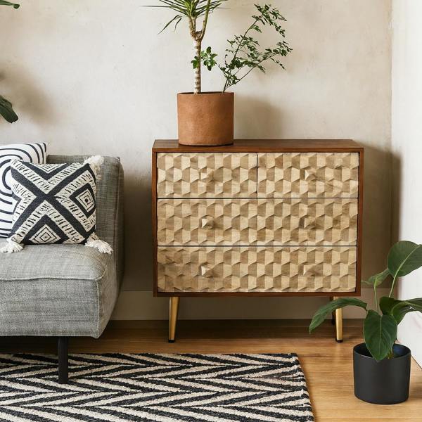 Wyld Haus Beijing Mango Wood Chest with 4 Drawers Gold Geometric Pattern