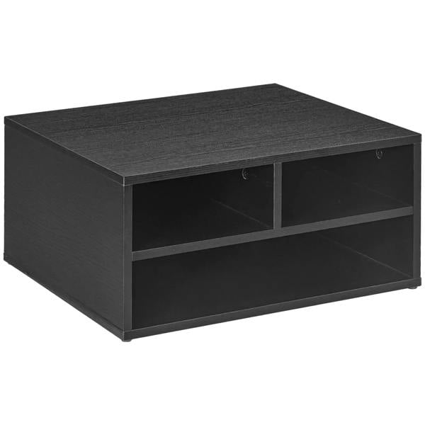 Black three-compartment printer storage cabinet with two open bays and open shelf bases