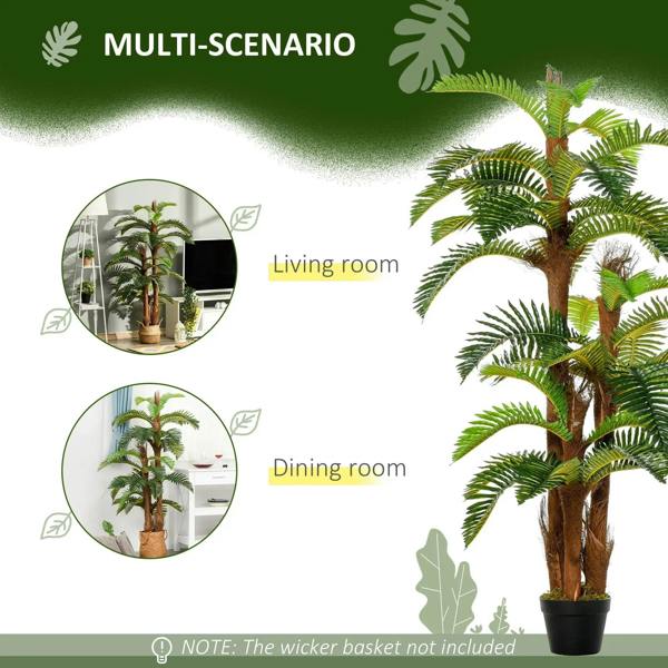 Artificial tropical fern plant in a dark pot with a brown trunk and green fronds.