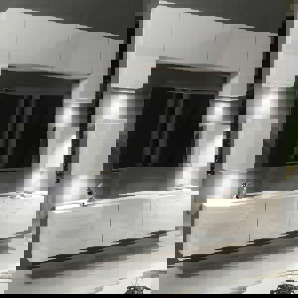 Mex Furniture Modern Wall Unit 242cm – White Matt Body & White Gloss Doors – 9 Elements with Full Storage + Free RGB LED