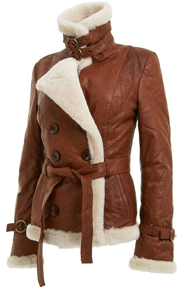 Infinity Leather Womens Tan Double Breasted Sheepskin Aviator Jacket-Leshan