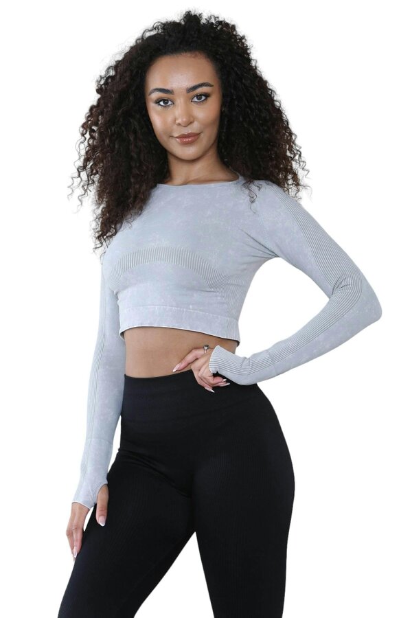 Elaina Fashion Women's Round Neck Tie-Dye Rib Seamless Slim Fit Crop Top Activewear  - Grey - 85% Nylon & 15% Spandex