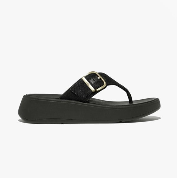 FitFlop F-MODE BUCKLE SHIMMERLUX FLATFORM Womens Toe Post Black