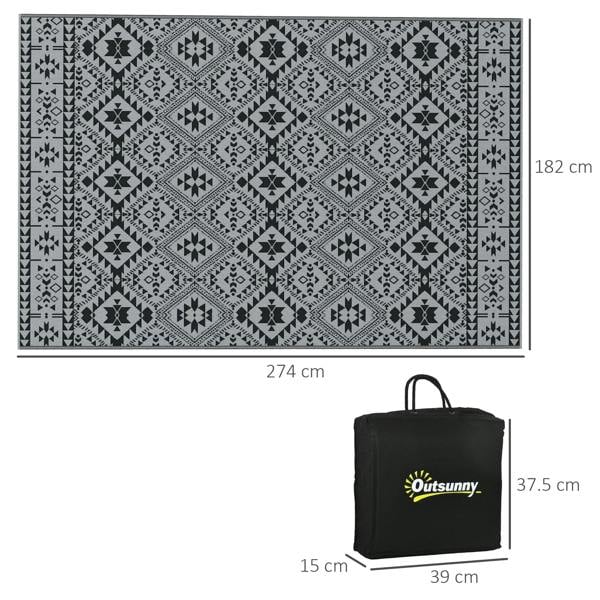 Reversible black and grey outdoor rug with carry bag, size shown in cm