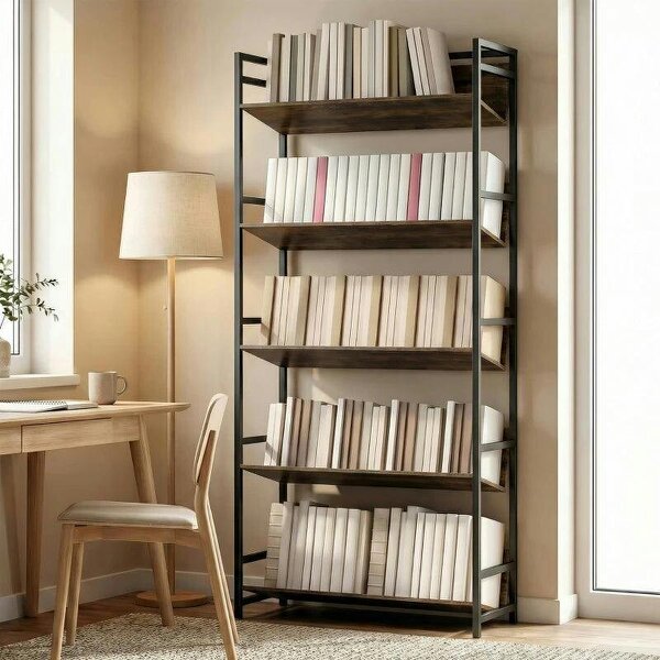 Bookshelf 5-Tier Metal Frame Room Divider Bookcase Storage Shelves for Living Room Rustic Brown - Rustic Brown
