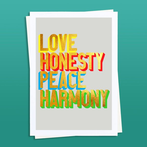 Hands & Hearts Love Honesty Peace Harmony golden words art print