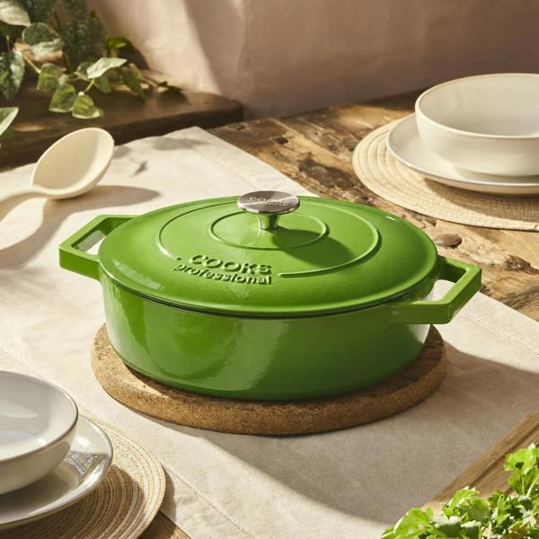 Cooks Professional 28cm Shallow Cast Iron Casserole | Graduated Green