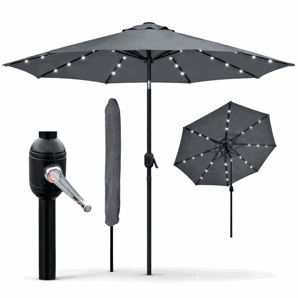 GlamHaus Garden Parasol Solar LED 2.7M ,Tilting Table Umbrella with Crank Handle, Protection UV40, Free Parasol Cover- Dark Grey