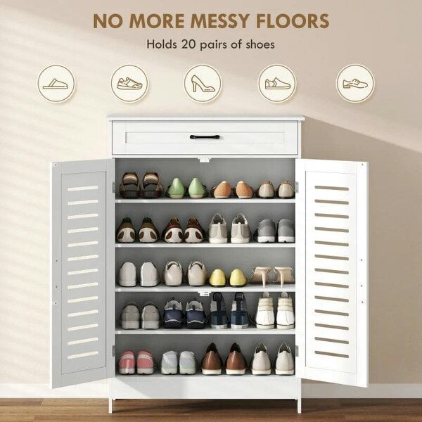 Bobobiy Shoe Cabinet with Louvered Doors, Modern Shoe Storage Cabinet with Drawer and Adjustable Shelves, White