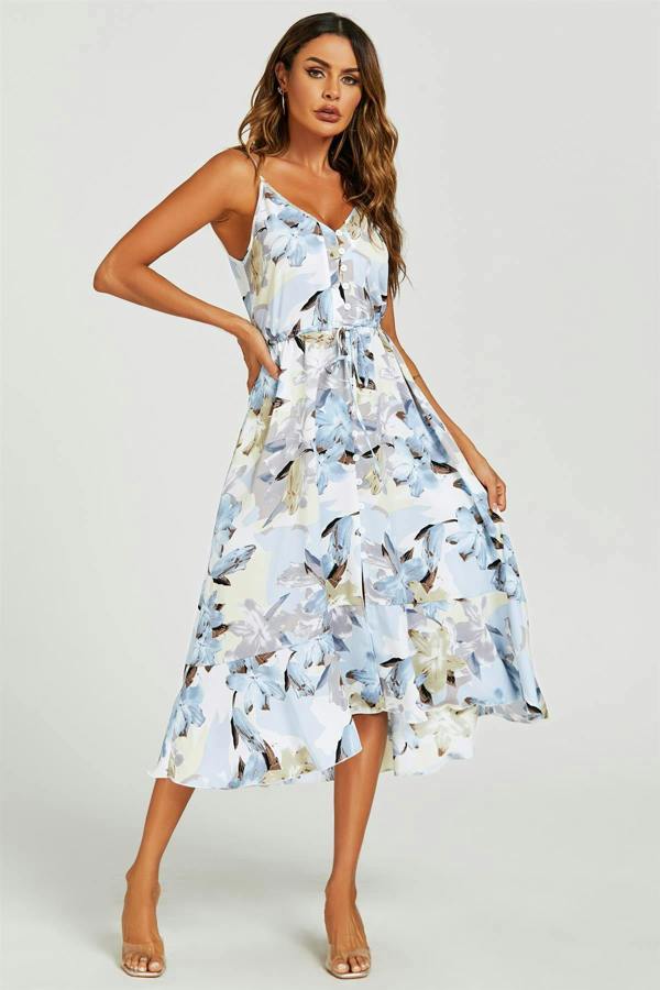 FS Collection Floral Print Button Down High Low Strappy Dress In Blue