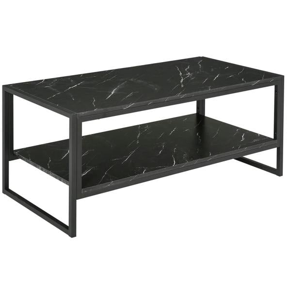 Black two-tier coffee table with faux marble top and lower shelf, metal frame