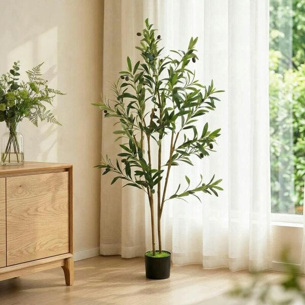 Decorative Artificial Plant, 120 cm Silk Olive Tree with 303 Leaves in Cement Pot, Fake Plant