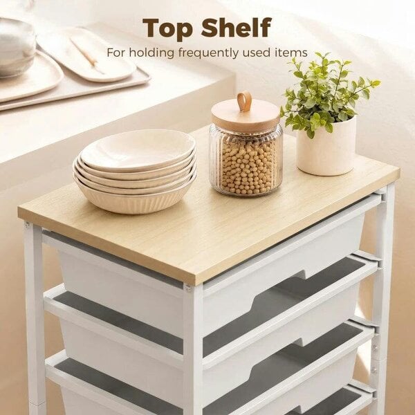 6-Tier Storage Trolley on Wheels, Metal Kitchen Rolling Cart with 5 Pull-Out Drawers, White