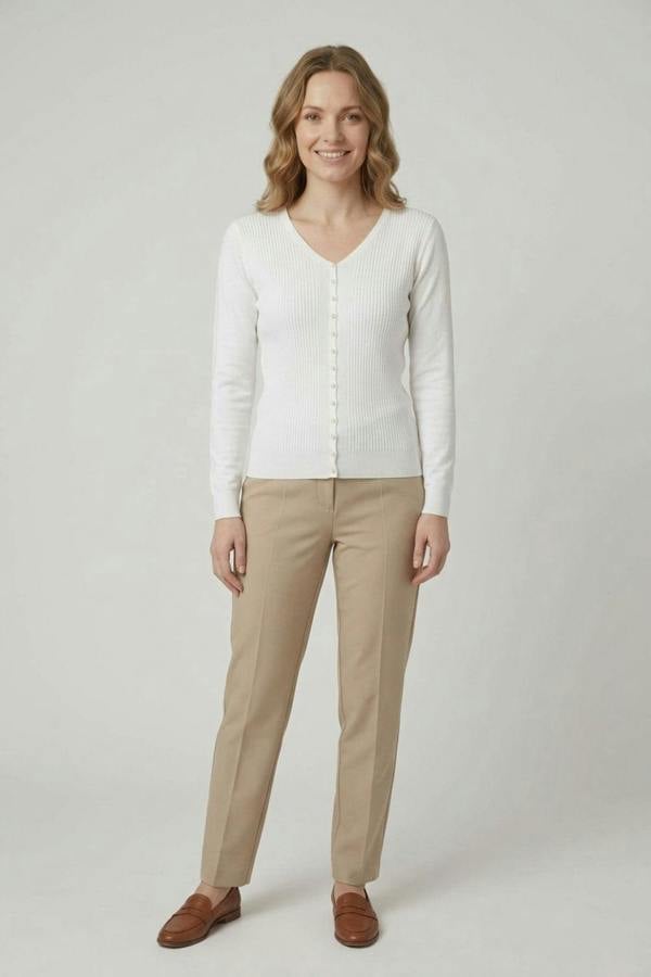 White | Textured Pearl Detail V-Neck Knit Top